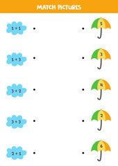 Math game for preschoolers. Addition for kids. Match clouds and umbrellas.