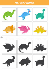 Find shadows of cute dinosaurs. Cards for kids.