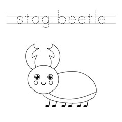 Tracing letters with cute beetle. Writing practice for kids.