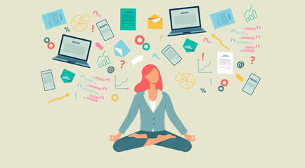 Information overload relief concept banner with woman meditating