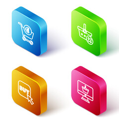 Set Isometric line Shopping cart and euro, Remove shopping basket, Buy button and Monitor with icon. Vector