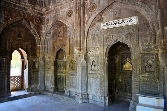 Stone carved  arches of main Hall of Damdi Masjid, one of the most striking pieces of historical Islamic Architecture, Ahmednagar, Maharashtra, India. 