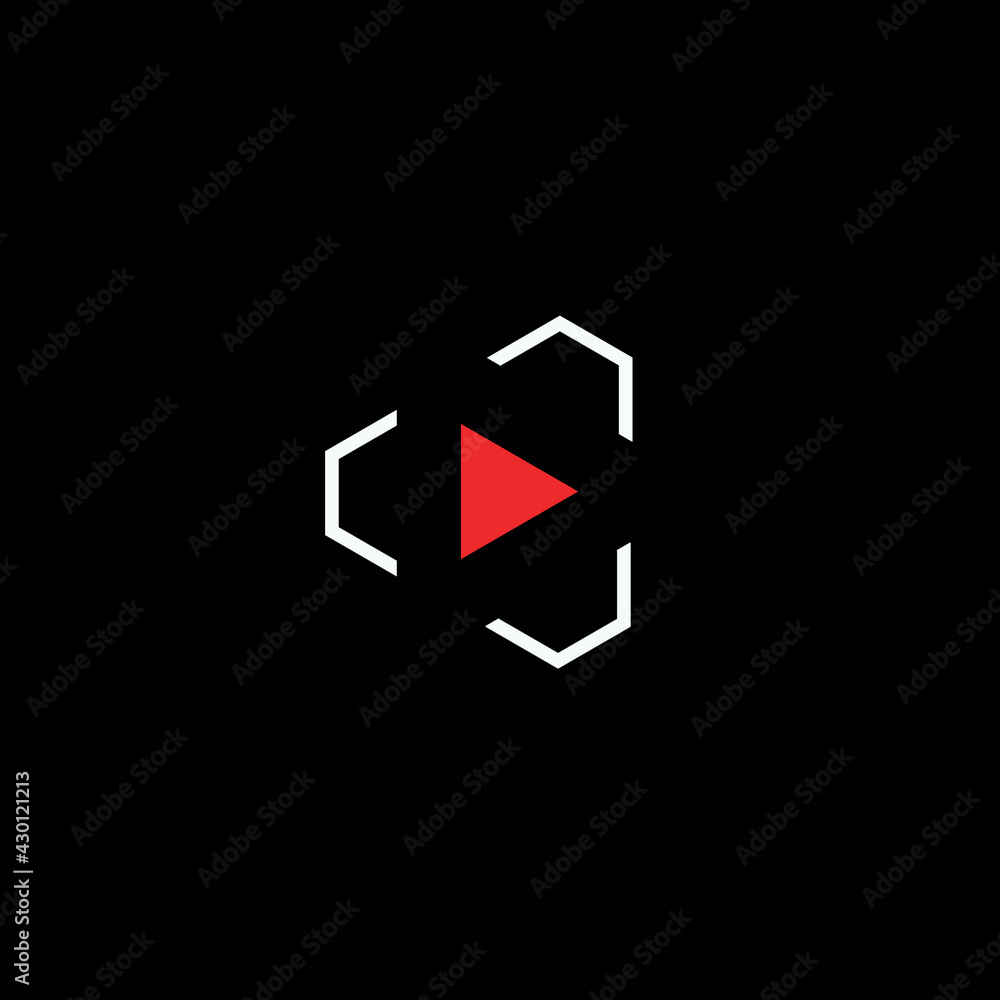 Poster Play button for innovation technology interface. Start and launch icon, hud and gui design element. Digital multimedia logo template for music, video, audio player sign. Vector illustration.