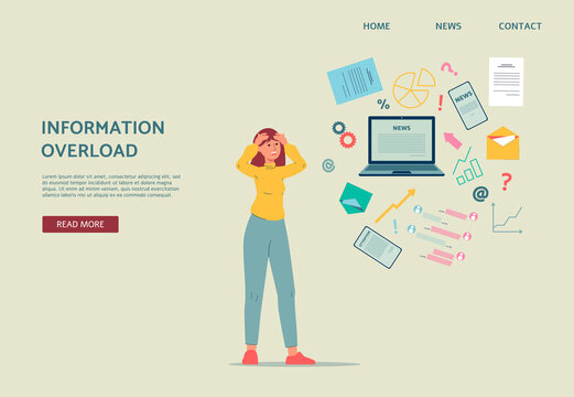 Woman Overload Of Work And Stream Of Information A Vector Landing Page Template.