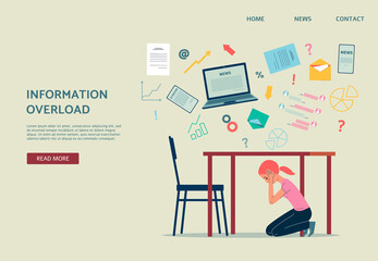 Website with woman hiding from information overload, flat vector illustration.