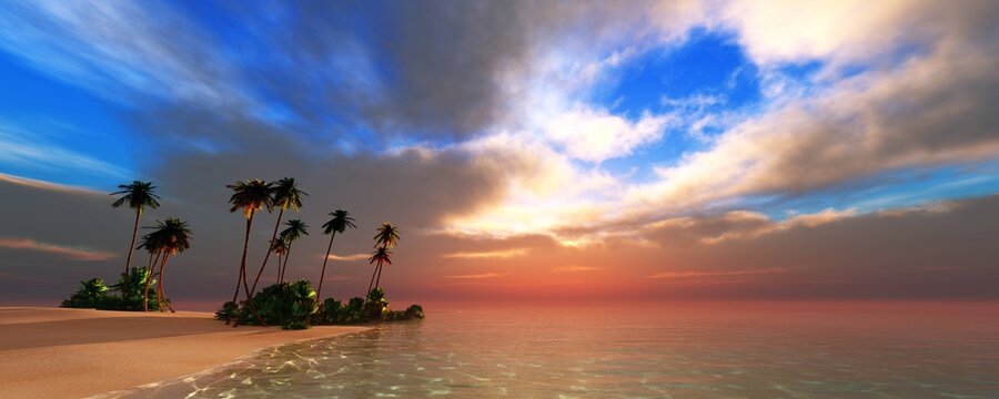 Beautiful tropical sunset, beach with palm trees at sunset, beach panorama, sea sunset panorama, 3D rendering