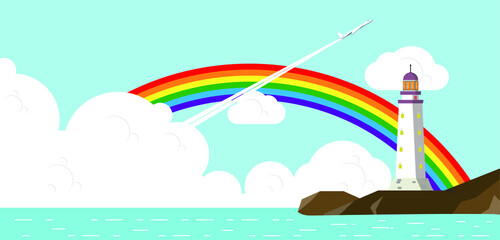 Naklejka premium LGBT symbol. Rainbow, sea, background for text.