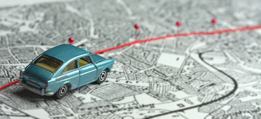 Concept. Following the route. A toy blue car drives across the map. The direction is indicated by...