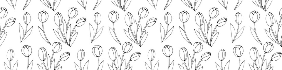 Vector seamless pattern with outline Bouquet of three flowers of tulips. Hand drawn doodle spring texture, background. For wrapping paper, coloring page, mother's or women's or Valentine's Day