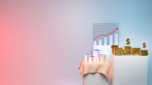 3d Render money Gif box and golden coins and Stock chart.