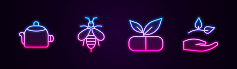 Set line Kettle with handle, Bee, Medical pill plant and Leaf in. Glowing neon icon. Vector