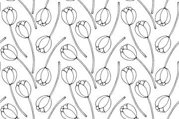 Vector seamless pattern with outline tulip flowers. Hand drawn doodle spring texture, background. For wrapping paper, coloring page, mother's or women's or Valentine's Day