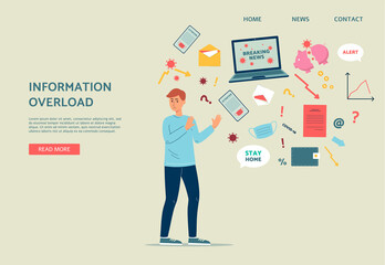 Website on information overload with unpleased man flat vector illustration.