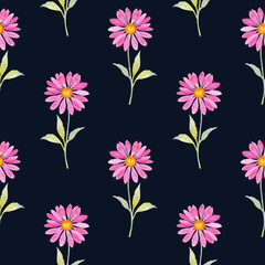 Pink watercolor echinacea flowers on a black background. Floral seamless pattern. Minimal fabric and wrapping paper design. Pretty wallpaper in retro style