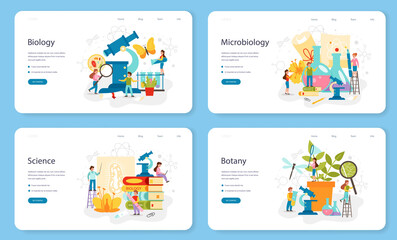 Biology school subject web banner or landing page set. Scientist