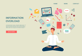 Web banner with worried man relieves stress of news, flat vector illustration.
