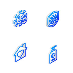Set Isometric line Shield protecting from virus, Negative, House with heart inside and Liquid antibacterial soap icon. Vector