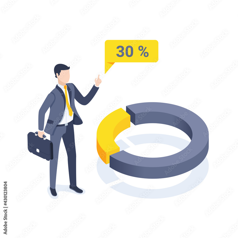 Poster isometric vector illustration isolated on white background, man in business suit with briefcase stan