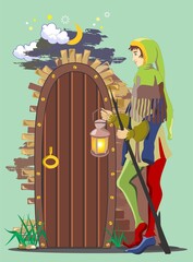 A fairy-tale character. The mysterious door to the dungeon. Gnome. A young man with a crook. In his hand is a lantern. Medieval clothing. The entrance to the cave. Underground treasures.