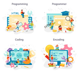 Programming concept set. IT education, student writing a software
