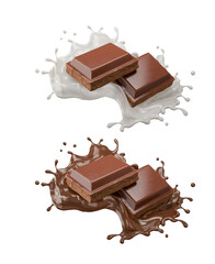 dark chocolate bar icon with milk and chocolate cream splash