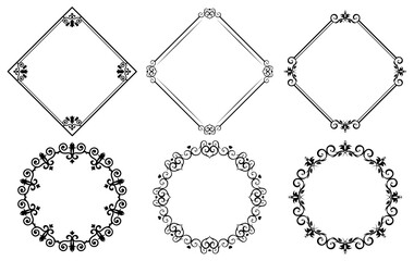 Set of decorative frames. Square borders made of lines and decorative elements. Round ornaments. Design templates for invitations and holiday cards.