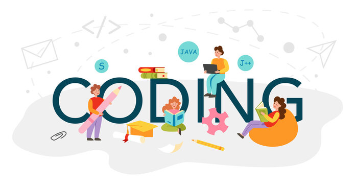 Codding typographic header. IT education, student writing a software