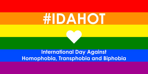 The International Day Against Homophobia, Transphobia and Biphobia. Hashtag IDAHOT on the background of the LGBT flag. Template for background, banner, card, poster with text inscription. Eps 10.