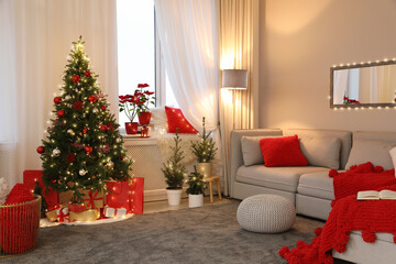 Living room with Christmas decorations. Festive interior design