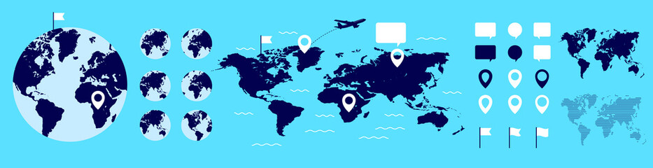 World maps and globe vector set - Collection of earth with map and graphical elements on blue background. Travel concept.