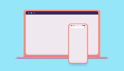 Orange laptop and smartphone on blue background mockup - Computer and mobile phone with empty screen, vector illustration.