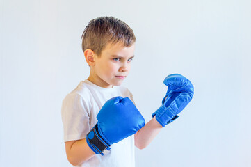 A boy in boxing gloves stands in a fighting stance. Sports and self-defense.