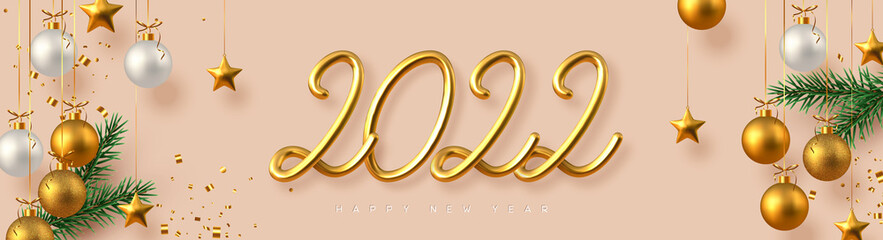 2022 Happy New Year banner. Hand writing golden metallic numbers 2022 with tinsel, pine branches and hanging ball on beige background. Vector illustration.