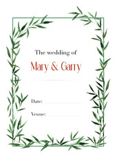 Wedding invitation with green bamboo leaves on a white background. Watercolor. Frame.