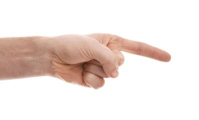 Man pointing with index finger on white background, closeup