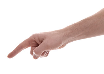 Man pointing with index finger on white background, closeup