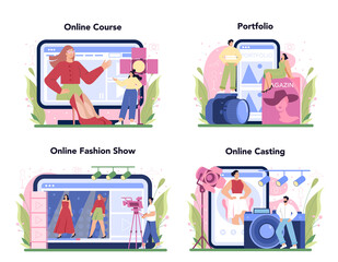 Fashion model online service or platform set. Man and woman represent