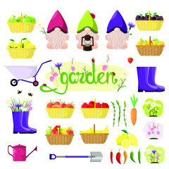 Set of garden items, fruits and flowers. Garden gnomes. Lettering