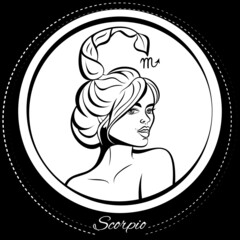 Zodiac sign Scorpio woman. Pop art vector illustration. Line art, ideal for poster, print, postcard, colouring book.