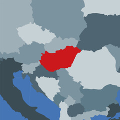 Obraz premium Shape of Hungary in context of neighbor countries. Country highlighted with red color on world map. Hungary map template. Vector illustration.