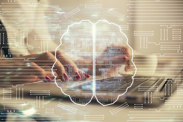 Multi exposure of woman hands working on computer and human brain hologram drawing. Ai tech concept.