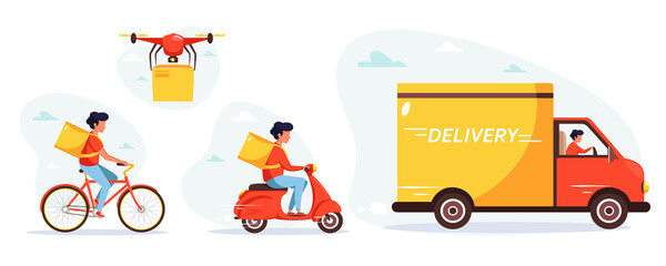 Delivery service by truck, drone, scooter and bicycle courier. Vector illustration
