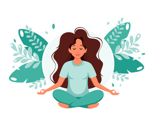 Woman meditating in lotus pose. Healthy lifestyle, yoga, meditation, recreation concept. Vector illustration