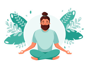 Man meditating in lotus pose. Healthy lifestyle, yoga, meditation, recreation concept. Vector illustration