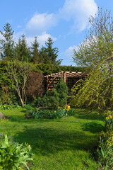 A house garden with a lawn and a gazebo in early spring 