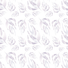 Watercolor light botanical pattern with leaves in gray tones on a white background, pattern for fabric, clothing, paper products, etc.