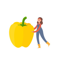 Vector illustration with tiny woman holding sweet yellow pepper