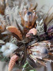 Close up of a festive bouquet of dried flowers.