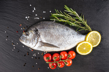 Fresh fish dorado on black slate background with ingredients for cooking
