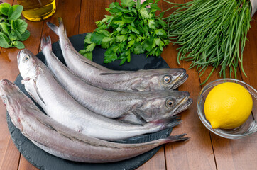Fresh raw fish on the plate. Whole cod fresh on the table with parsley, agretti, mint, lemon, extra...